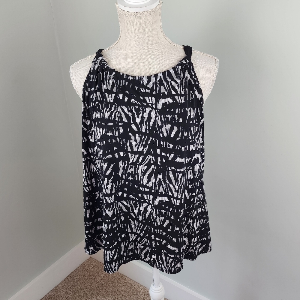 Fashion Bug Black White Sleeveless Tank Blouse Shirt Tie Back Size Large